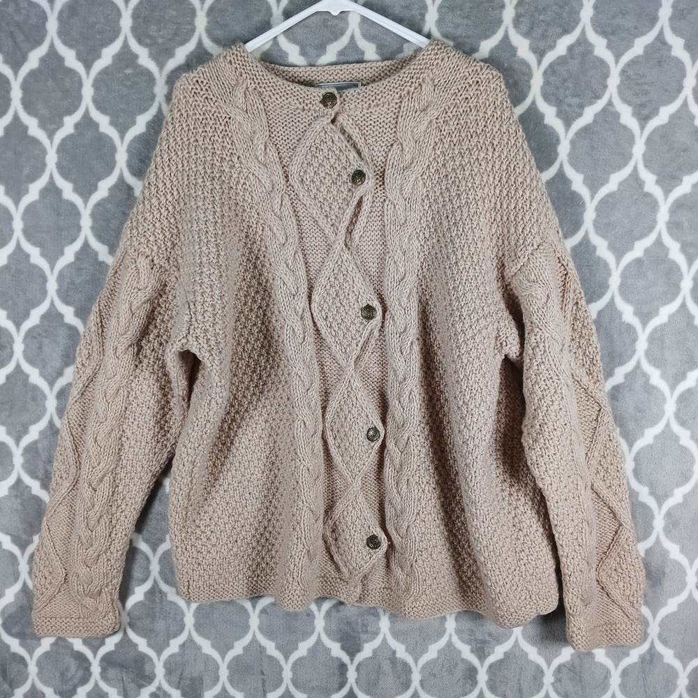 YETI Hand Knitted Cardigan Sweater Women XL Beige Knit Chunky Heavy Wool